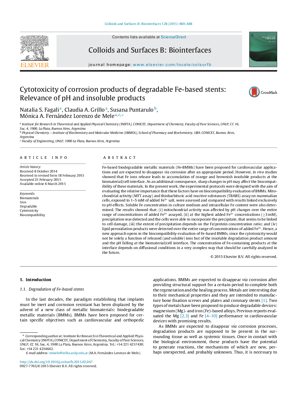 عکس صفحه اول مقاله: Cytotoxicity of corrosion products of degradable Fe-based stents: Relevance of pH and insoluble products Cytotoxicity of corrosion products of degradable Fe-based stents: Relevance of pH and insoluble products