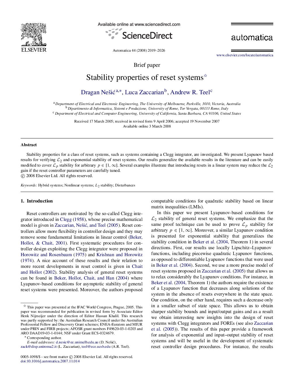 Stability properties of reset systems 