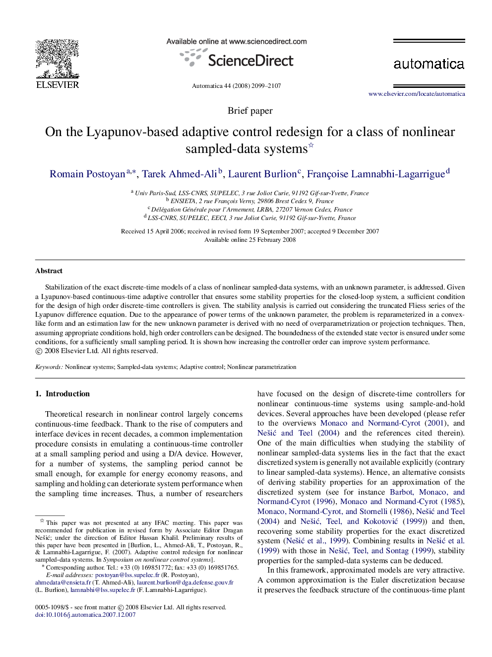 On the Lyapunov-based adaptive control redesign for a class of nonlinear sampled-data systems 