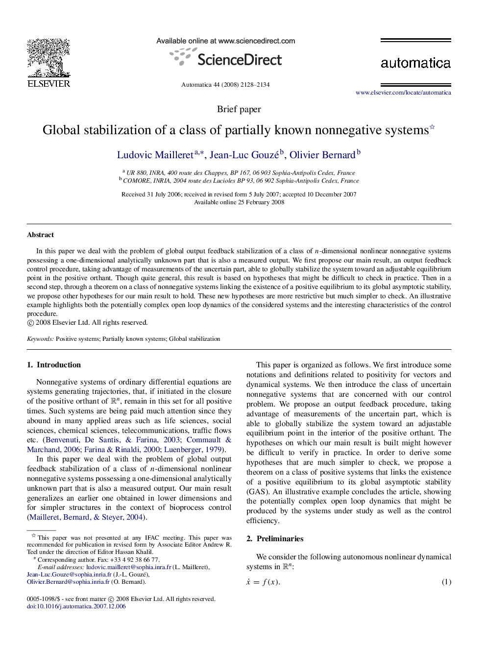 Global stabilization of a class of partially known nonnegative systems 