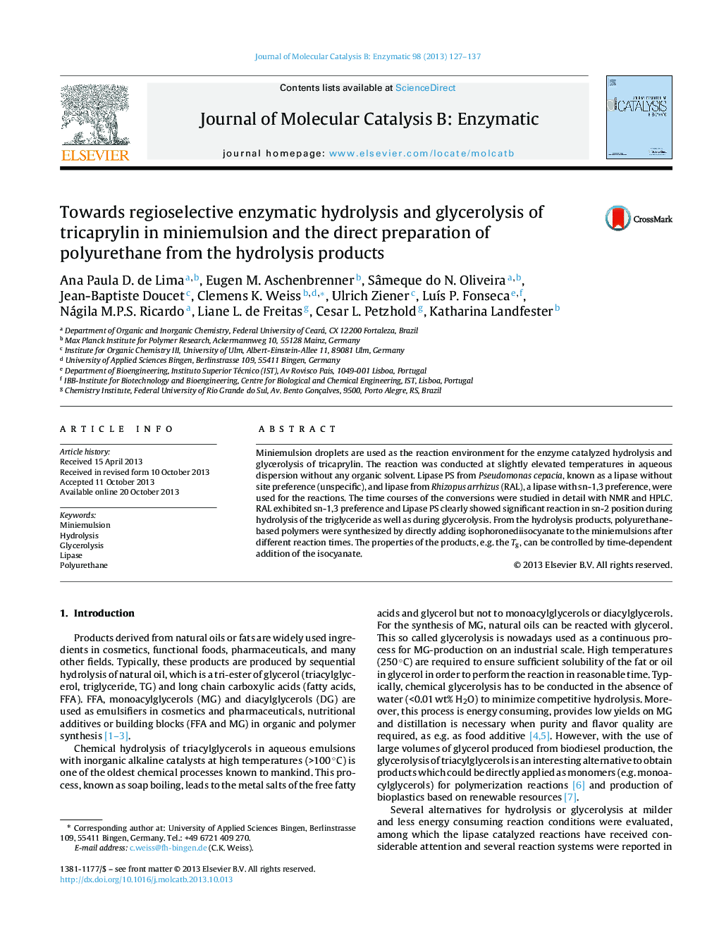 Towards regioselective enzymatic hydrolysis and glycerolysis of tricaprylin in miniemulsion and the direct preparation of polyurethane from the hydrolysis products