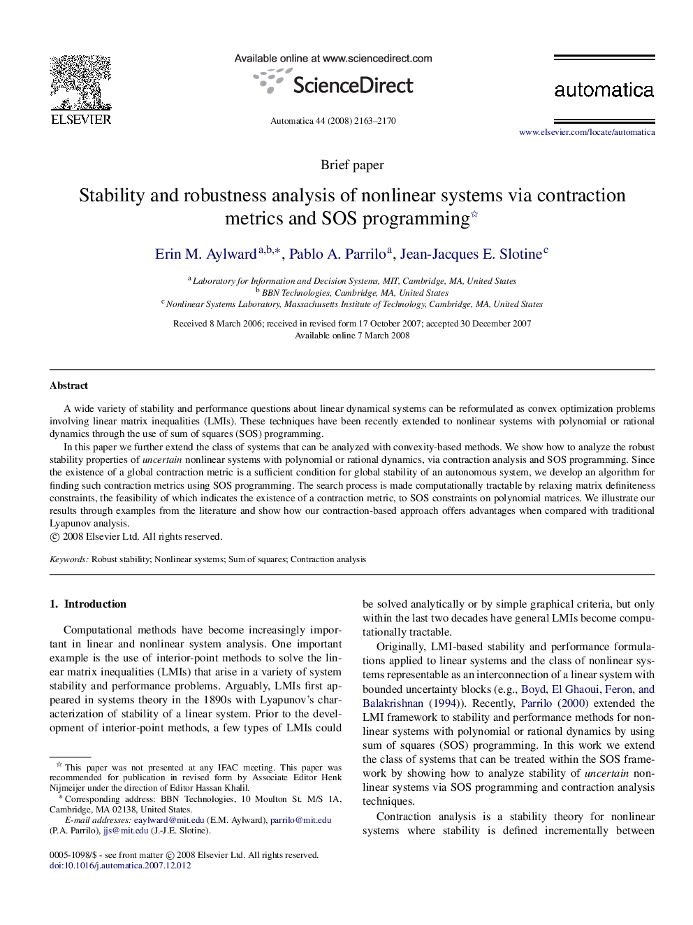 Stability and robustness analysis of nonlinear systems via contraction metrics and SOS programming 