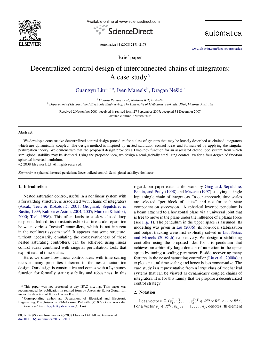 Decentralized control design of interconnected chains of integrators: A case study 