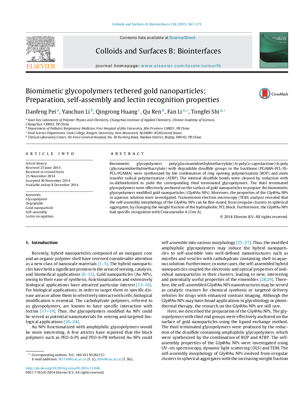 عکس صفحه اول مقاله: Biomimetic glycopolymers tethered gold nanoparticles: Preparation, self-assembly and lectin recognition properties Biomimetic glycopolymers tethered gold nanoparticles: Preparation, self-assembly and lectin recognition properties
