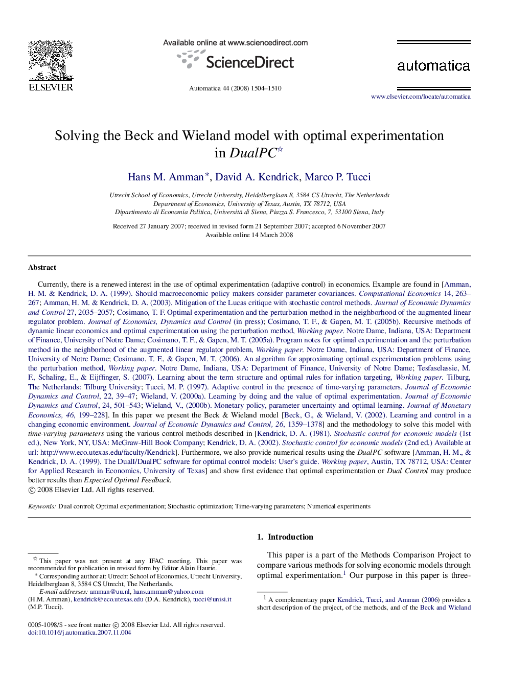 Solving the Beck and Wieland model with optimal experimentation in DualPC