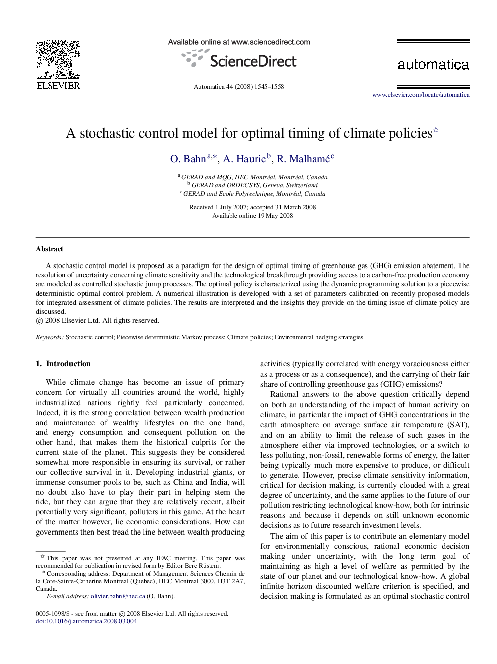 A stochastic control model for optimal timing of climate policies 