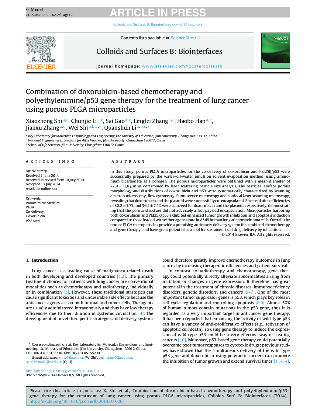 Combination of doxorubicin-based chemotherapy and polyethylenimine/p53 gene therapy for the treatment of lung cancer using porous PLGA microparticles