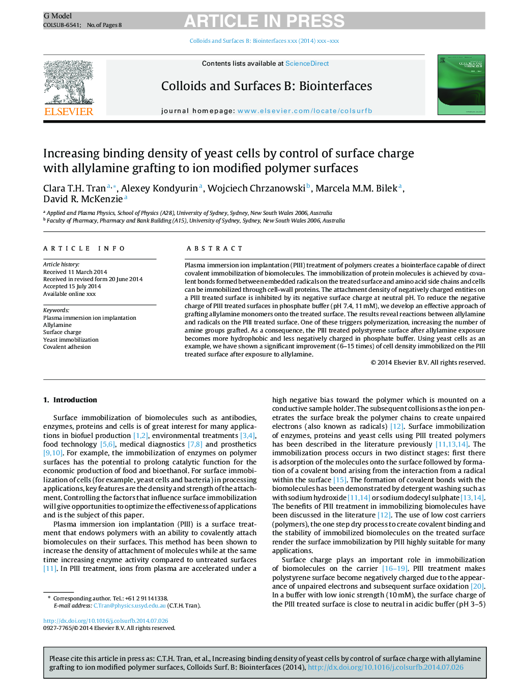 Increasing binding density of yeast cells by control of surface charge with allylamine grafting to ion modified polymer surfaces