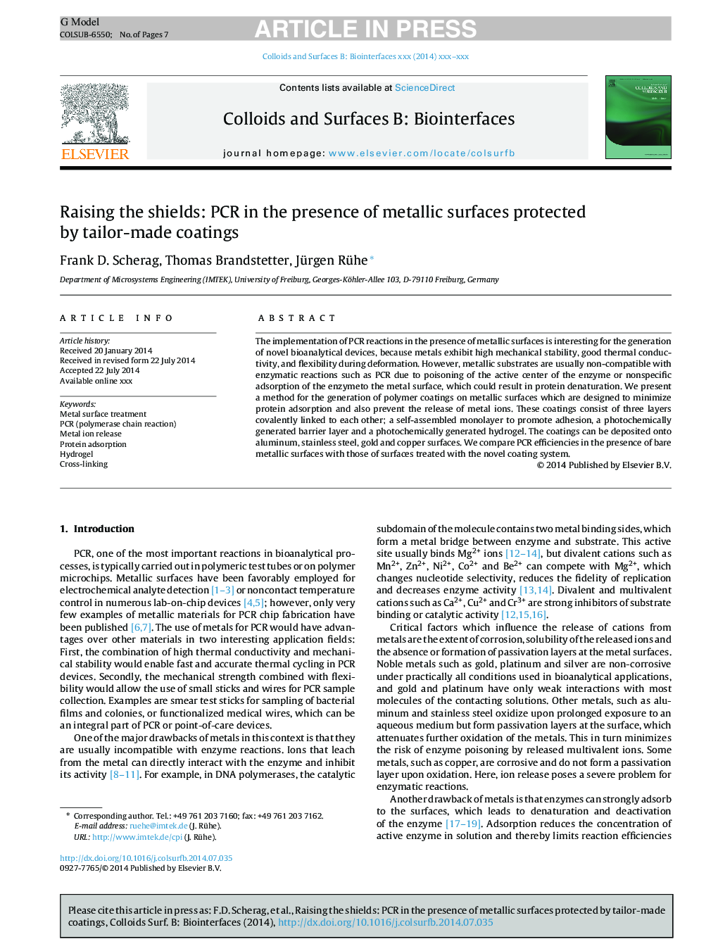 عکس صفحه اول مقاله: Raising the shields: PCR in the presence of metallic surfaces protected by tailor-made coatings Raising the shields: PCR in the presence of metallic surfaces protected by tailor-made coatings