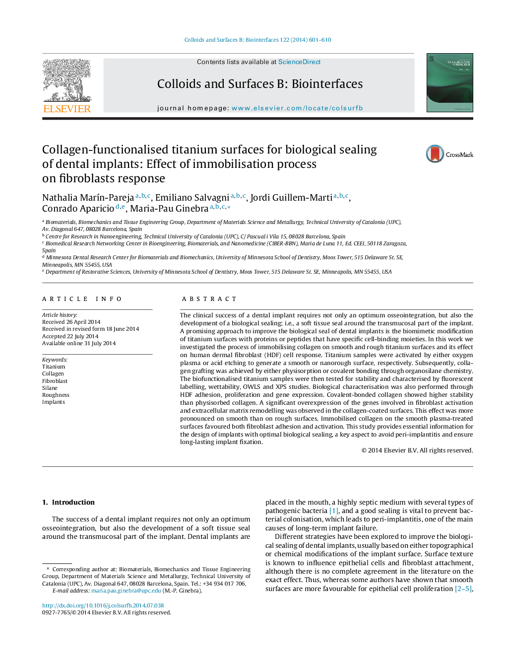 Collagen-functionalised titanium surfaces for biological sealing of dental implants: Effect of immobilisation process on fibroblasts response