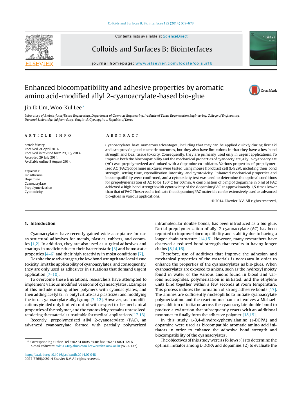 Enhanced biocompatibility and adhesive properties by aromatic amino acid-modified allyl 2-cyanoacrylate-based bio-glue