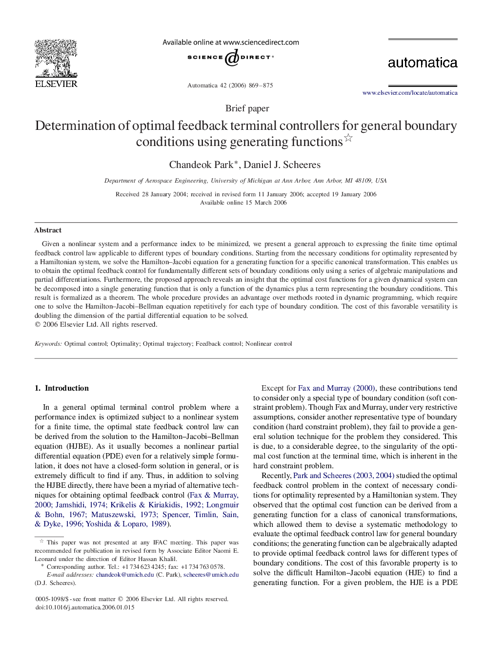 Determination of optimal feedback terminal controllers for general boundary conditions using generating functions 