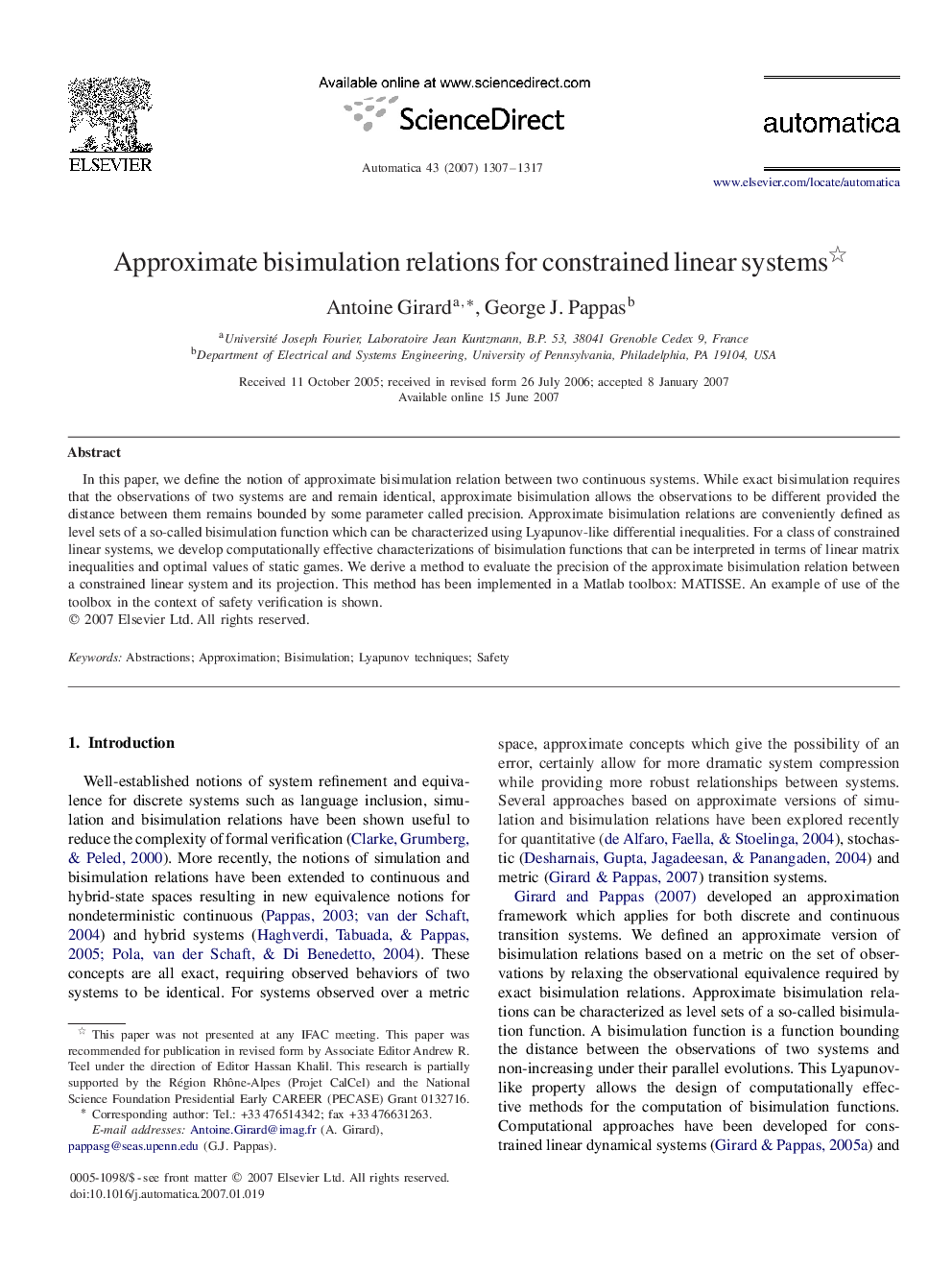 Approximate bisimulation relations for constrained linear systems 