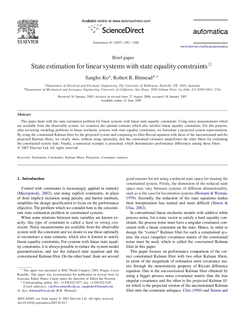 State estimation for linear systems with state equality constraints 