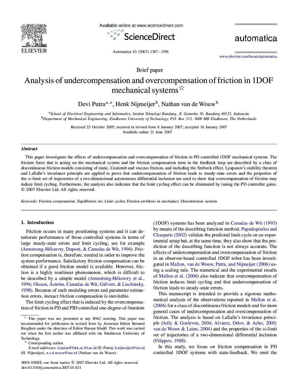 Analysis of undercompensation and overcompensation of friction in 1DOF mechanical systems 