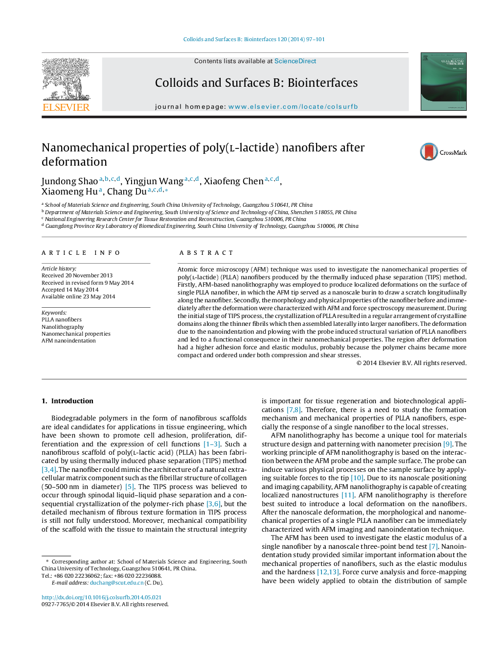 Nanomechanical properties of poly(l-lactide) nanofibers after deformation