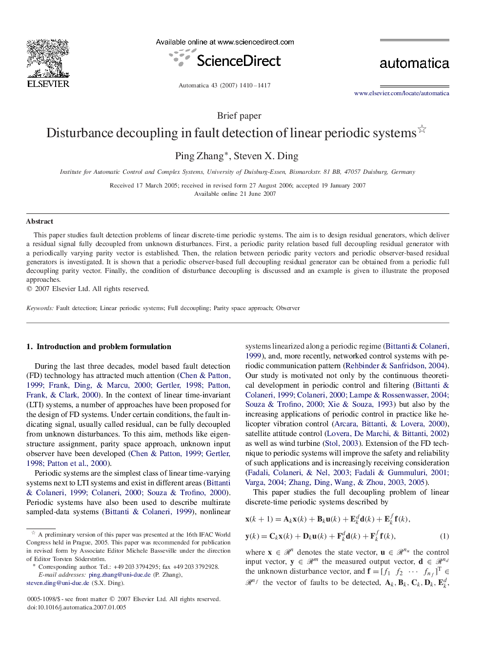 Disturbance decoupling in fault detection of linear periodic systems 