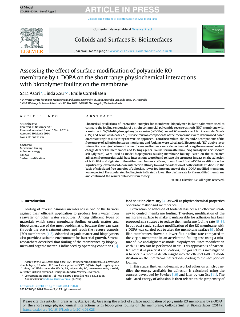 Assessing the effect of surface modification of polyamide RO membrane by l-DOPA on the short range physiochemical interactions with biopolymer fouling on the membrane