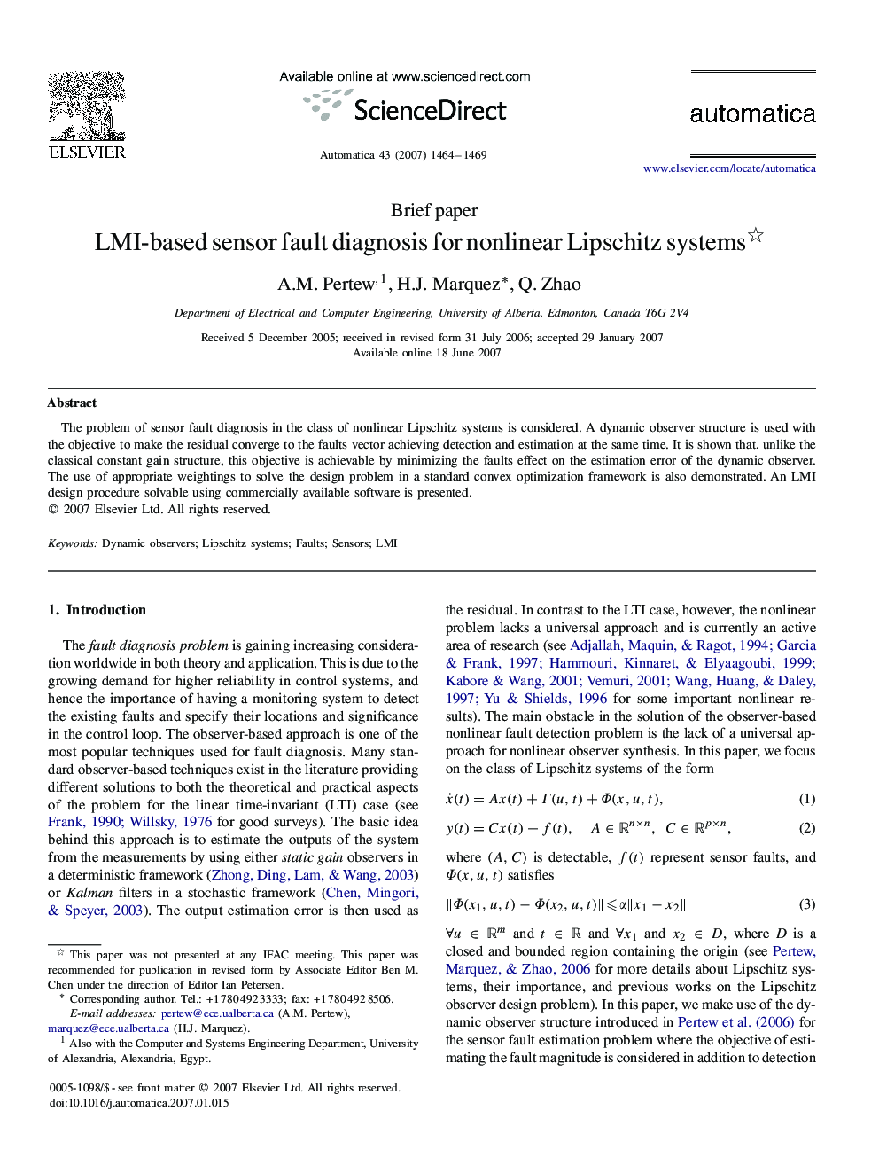 LMI-based sensor fault diagnosis for nonlinear Lipschitz systems 