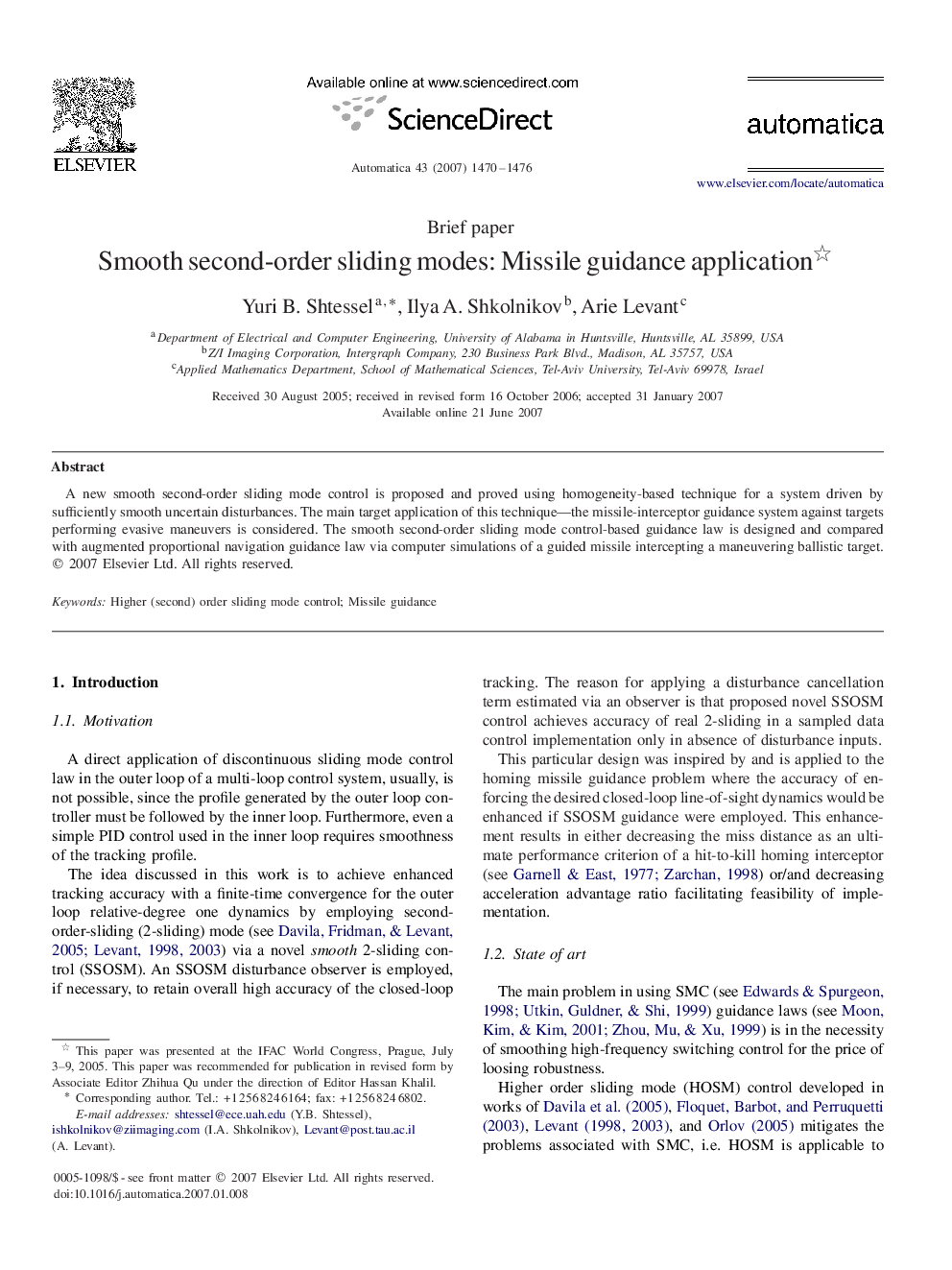 Smooth second-order sliding modes: Missile guidance application 