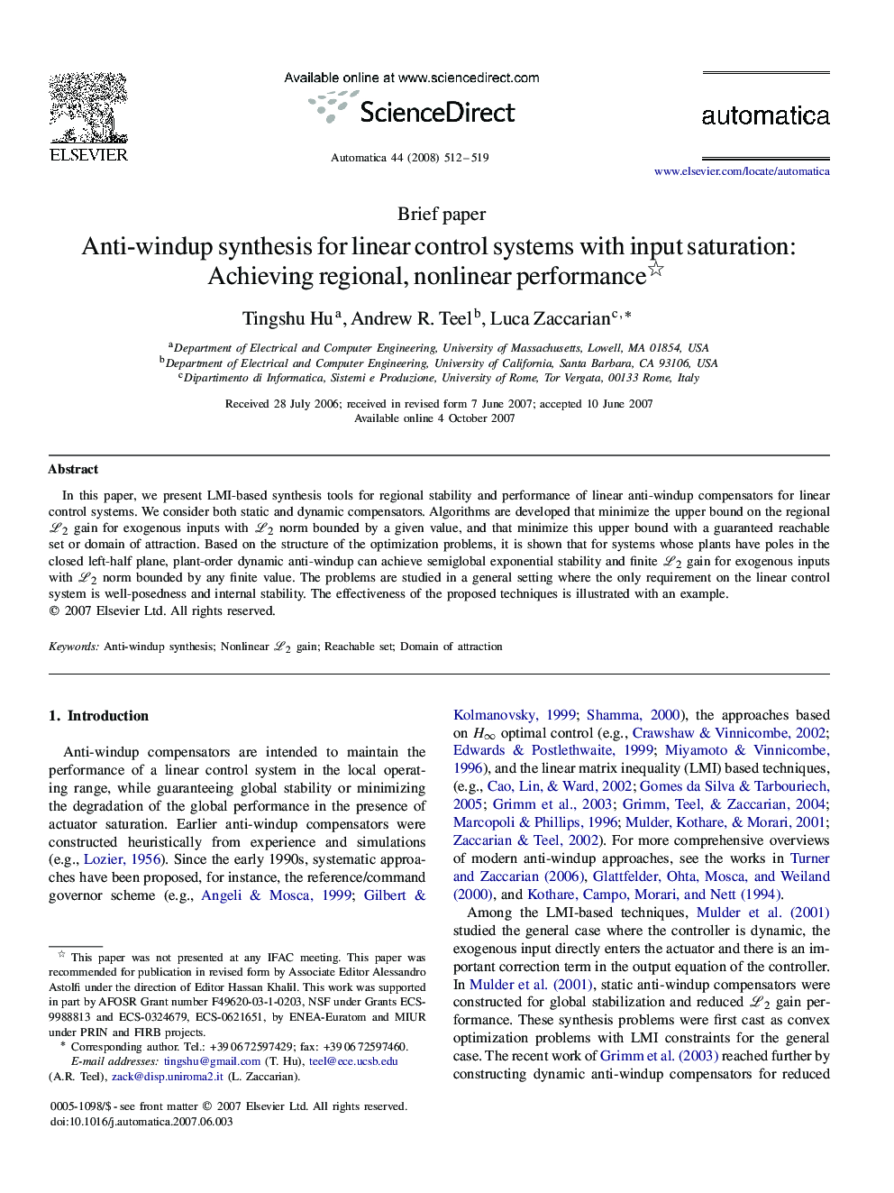 Anti-windup synthesis for linear control systems with input saturation: Achieving regional, nonlinear performance 