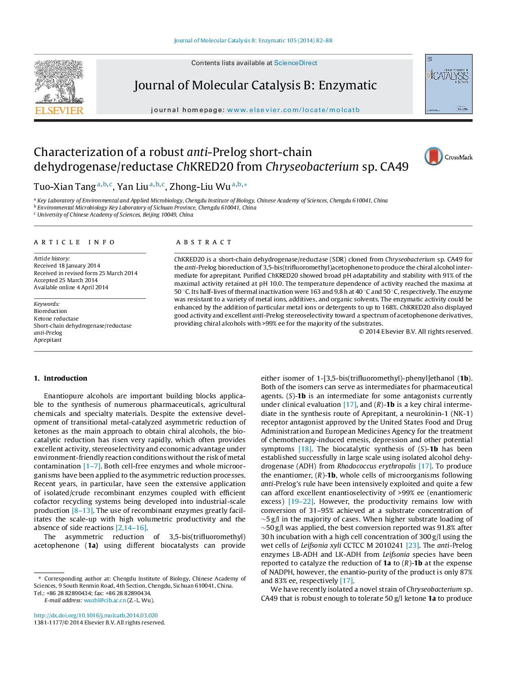 Characterization of a robust anti-Prelog short-chain dehydrogenase/reductase ChKRED20 from Chryseobacterium sp. CA49