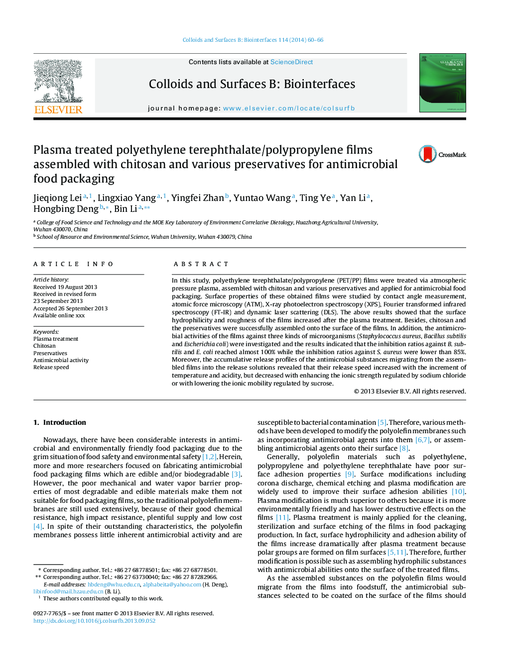 Plasma treated polyethylene terephthalate/polypropylene films assembled with chitosan and various preservatives for antimicrobial food packaging