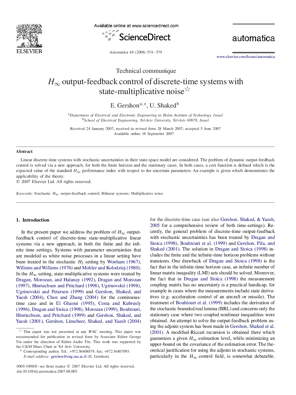 H∞H∞ output-feedback control of discrete-time systems with state-multiplicative noise 