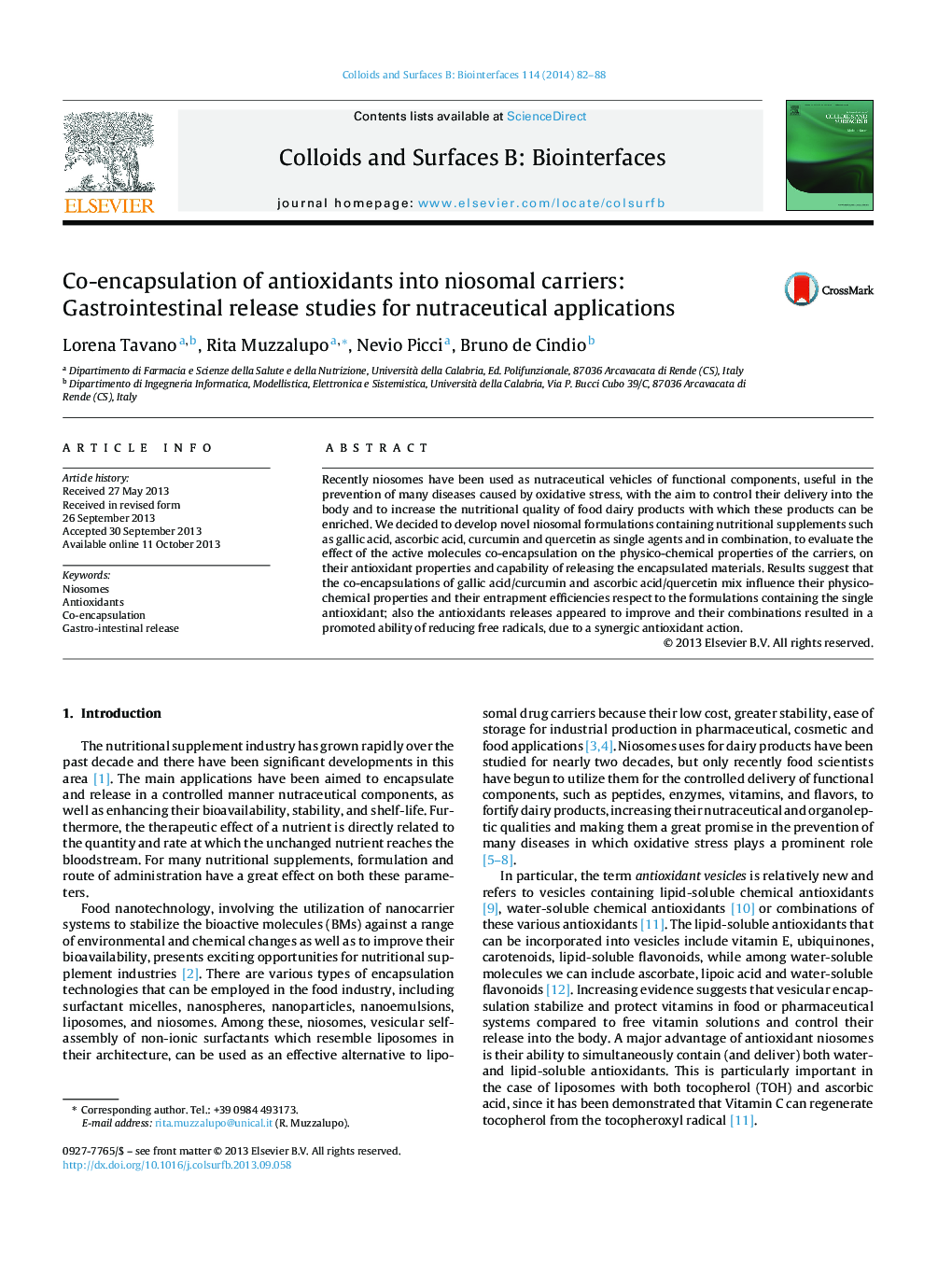 عکس صفحه اول مقاله: Co-encapsulation of antioxidants into niosomal carriers: Gastrointestinal release studies for nutraceutical applications Co-encapsulation of antioxidants into niosomal carriers: Gastrointestinal release studies for nutraceutical applications