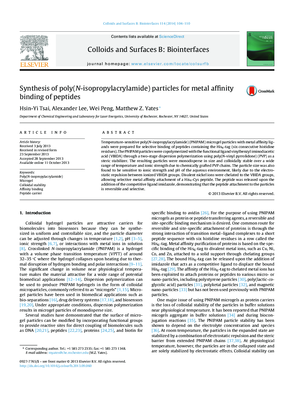 عکس صفحه اول مقاله: Synthesis of poly(N-isopropylacrylamide) particles for metal affinity binding of peptides Synthesis of poly(N-isopropylacrylamide) particles for metal affinity binding of peptides