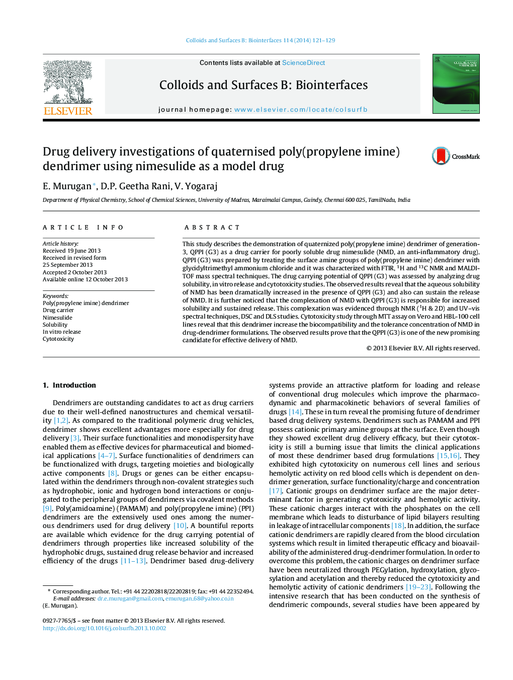 Drug delivery investigations of quaternised poly(propylene imine) dendrimer using nimesulide as a model drug