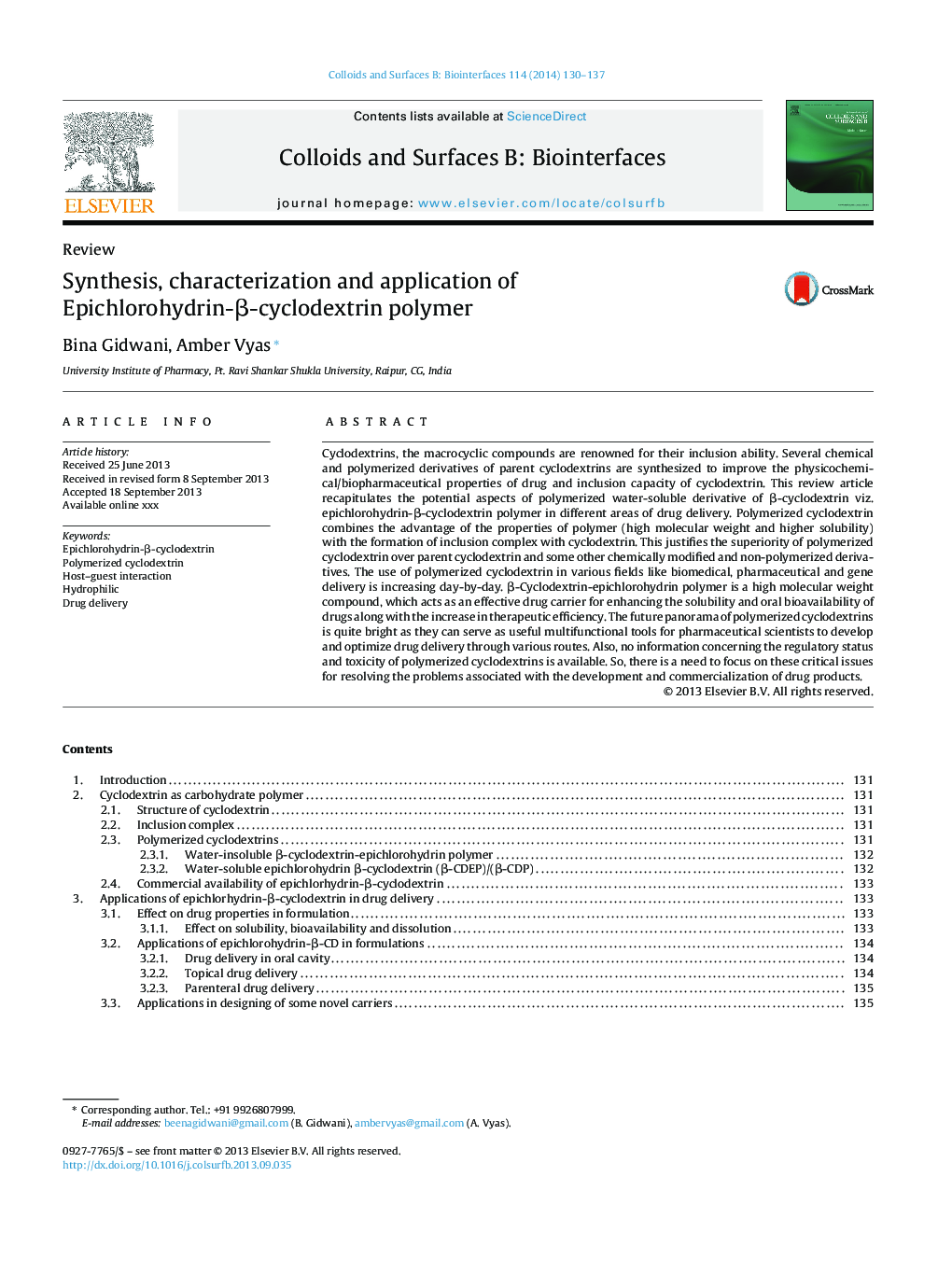 Synthesis, characterization and application of Epichlorohydrin-Î²-cyclodextrin polymer