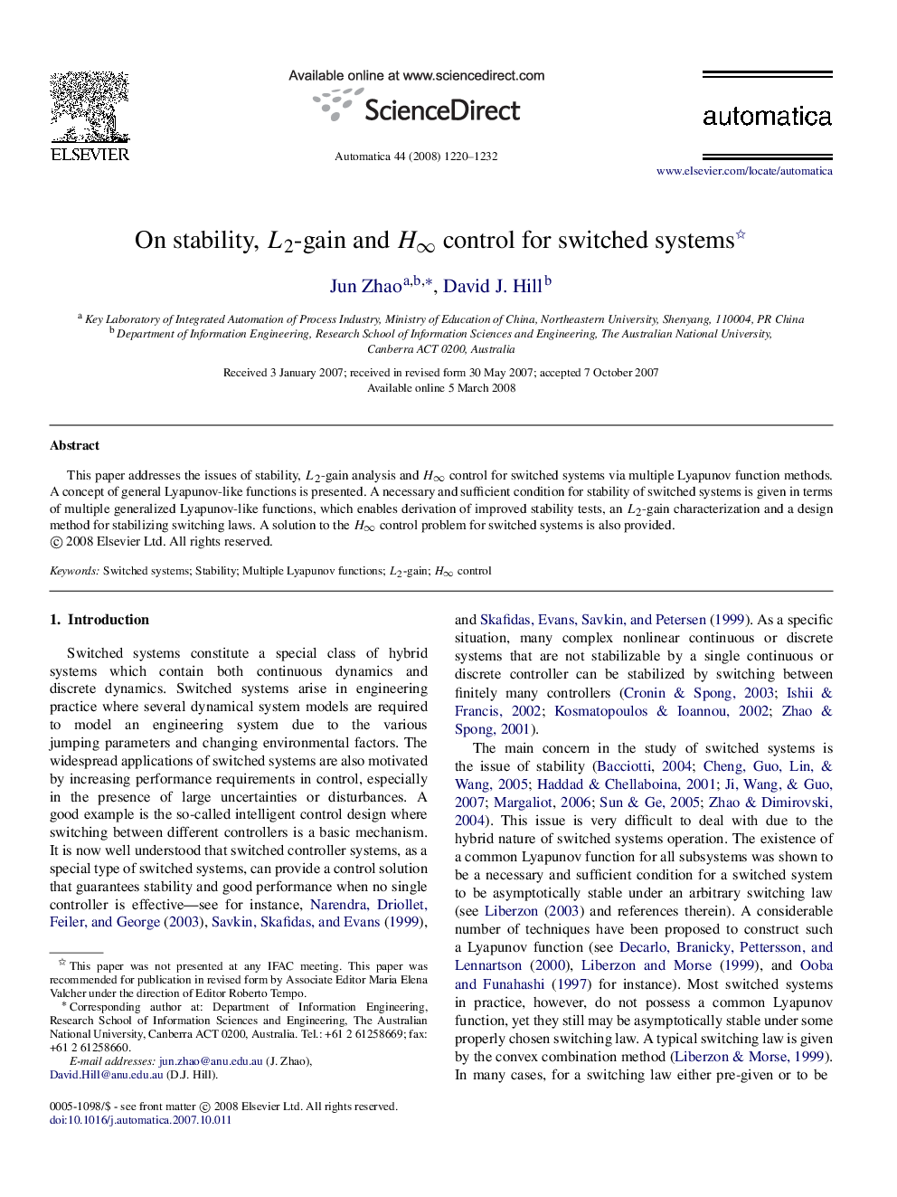 On stability, L2L2-gain and H∞H∞ control for switched systems 