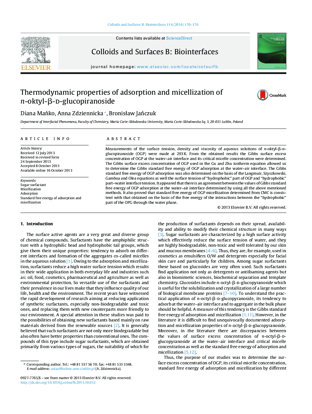 Thermodynamic properties of adsorption and micellization of n-oktyl-Î²-d-glucopiranoside