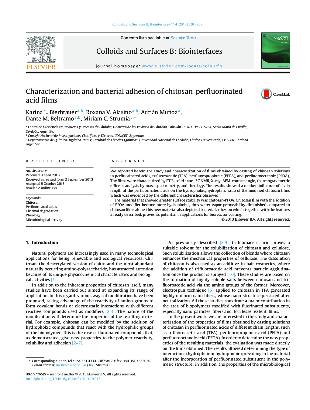 Characterization and bacterial adhesion of chitosan-perfluorinated acid films