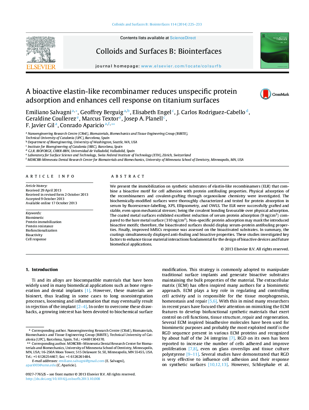 A bioactive elastin-like recombinamer reduces unspecific protein adsorption and enhances cell response on titanium surfaces