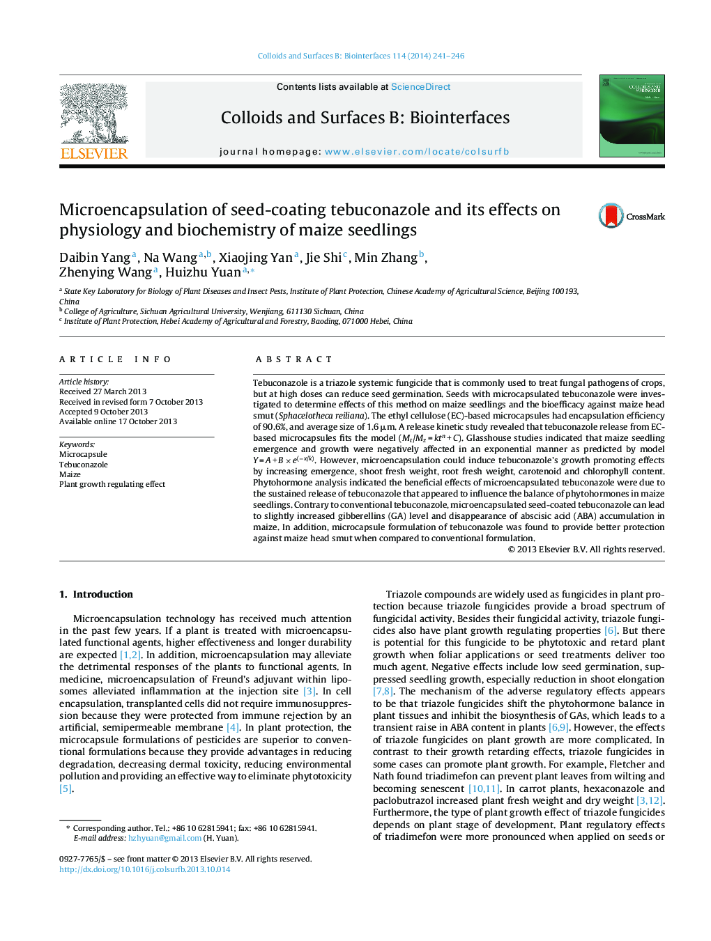 عکس صفحه اول مقاله: Microencapsulation of seed-coating tebuconazole and its effects on physiology and biochemistry of maize seedlings Microencapsulation of seed-coating tebuconazole and its effects on physiology and biochemistry of maize seedlings