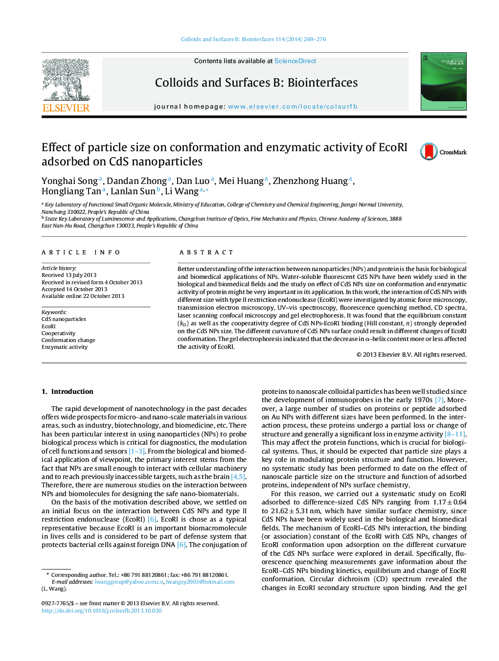 Effect of particle size on conformation and enzymatic activity of EcoRI adsorbed on CdS nanoparticles