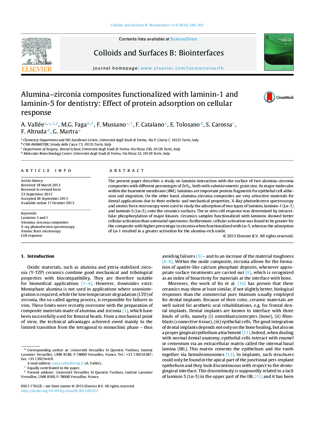 Alumina-zirconia composites functionalized with laminin-1 and laminin-5 for dentistry: Effect of protein adsorption on cellular response