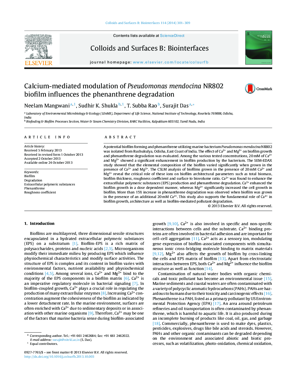 Calcium-mediated modulation of Pseudomonas mendocina NR802 biofilm influences the phenanthrene degradation