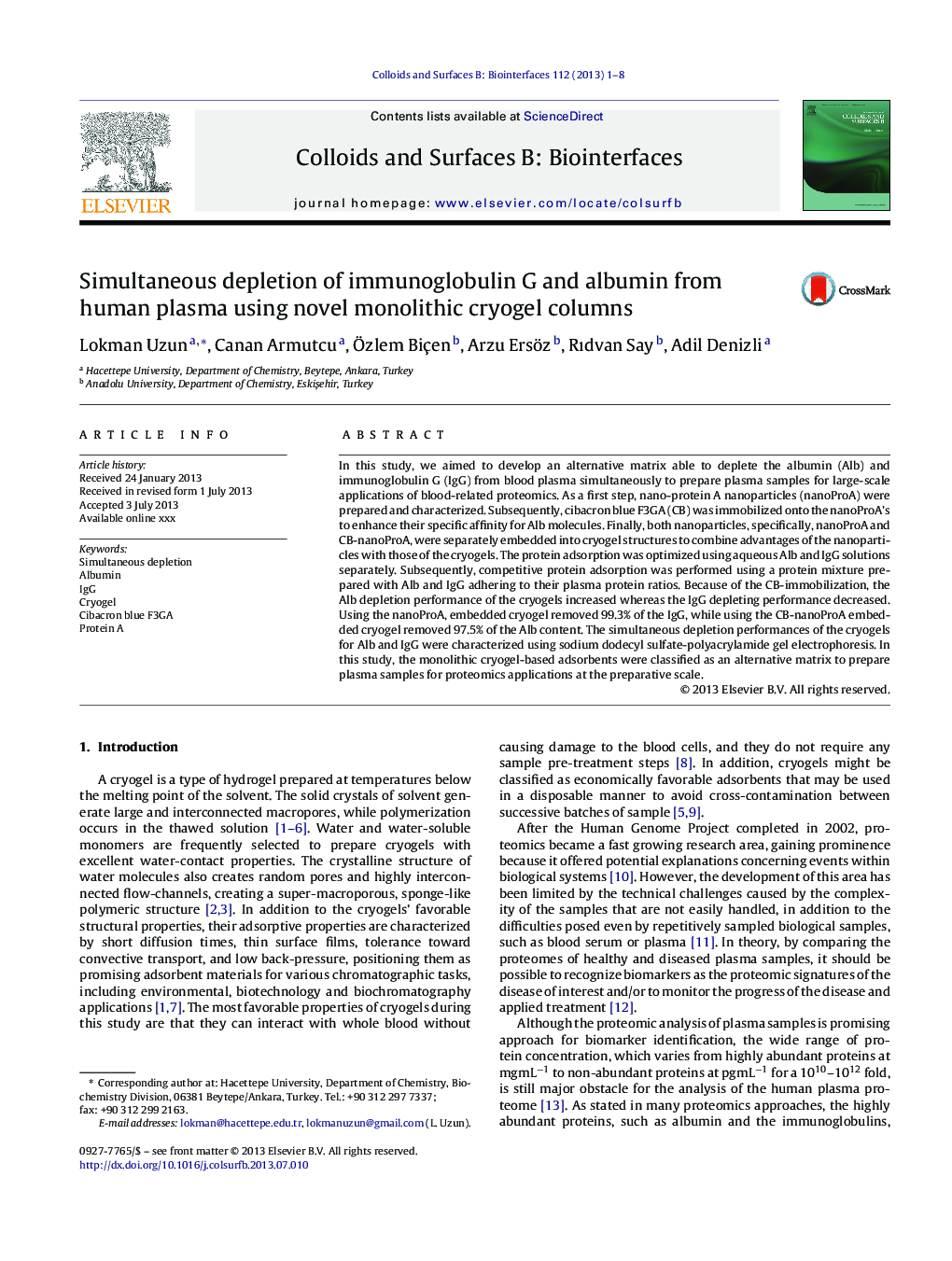 Simultaneous depletion of immunoglobulin G and albumin from human plasma using novel monolithic cryogel columns