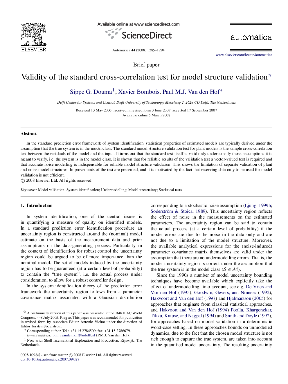 Validity of the standard cross-correlation test for model structure validation 