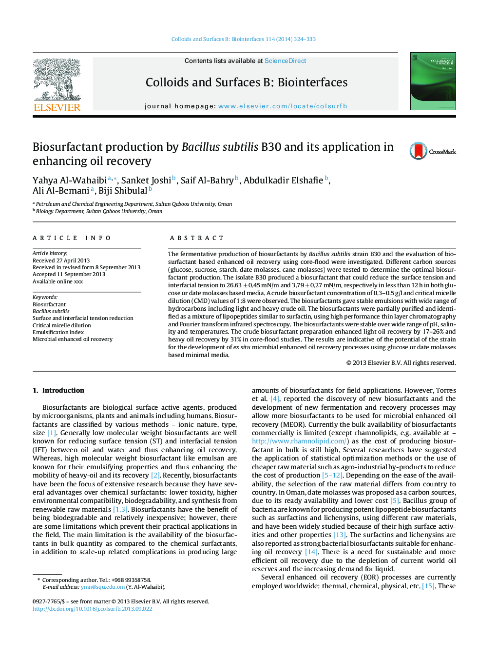 Biosurfactant production by Bacillus subtilis B30 and its application in enhancing oil recovery