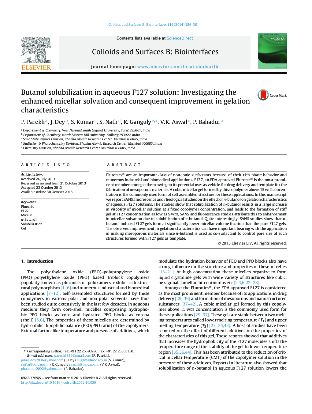 Butanol solubilization in aqueous F127 solution: Investigating the enhanced micellar solvation and consequent improvement in gelation characteristics