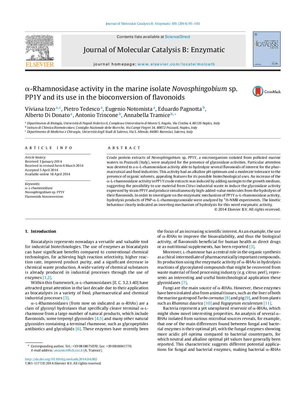 α-Rhamnosidase activity in the marine isolate Novosphingobium sp. PP1Y and its use in the bioconversion of flavonoids