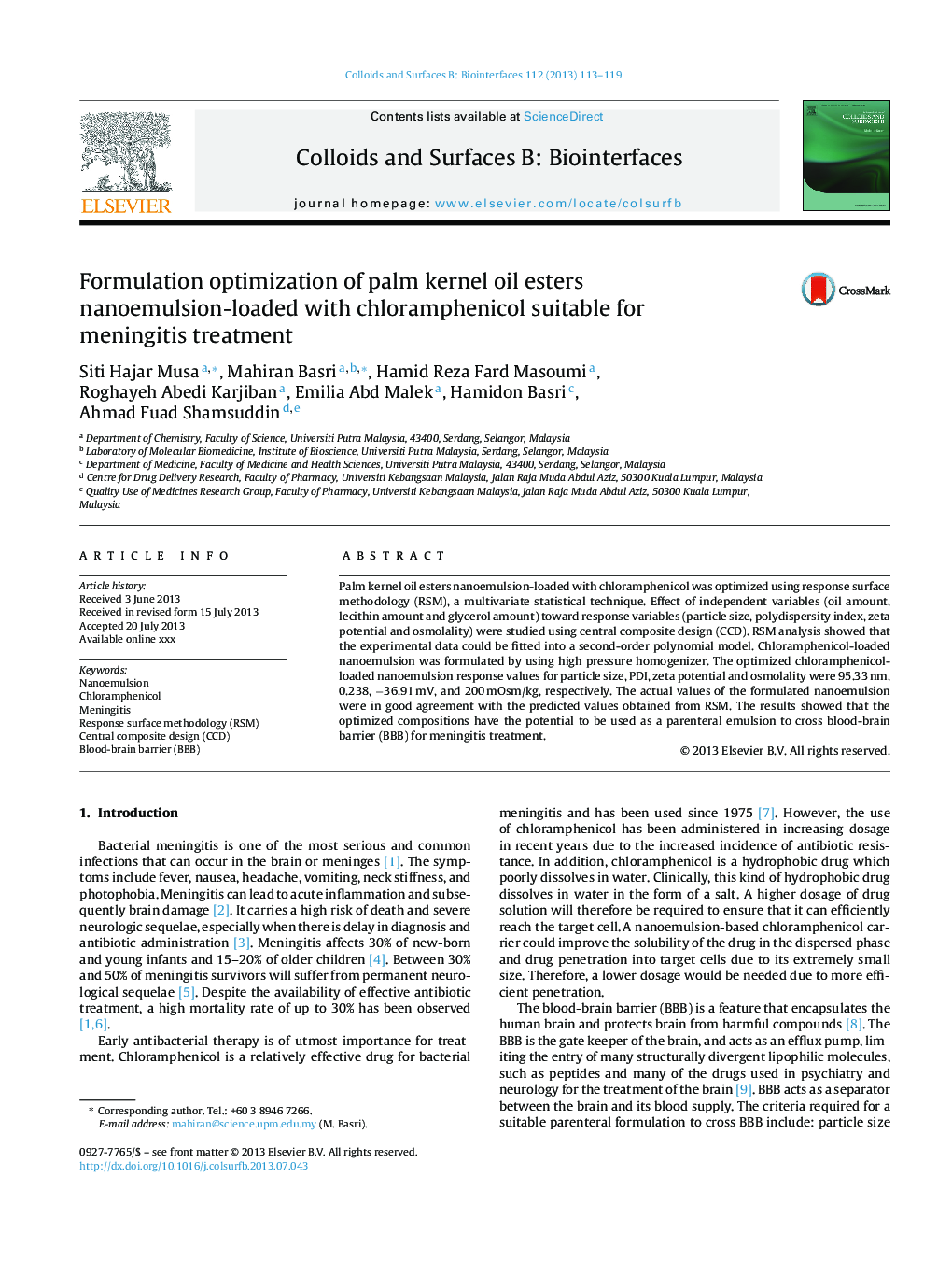 Formulation optimization of palm kernel oil esters nanoemulsion-loaded with chloramphenicol suitable for meningitis treatment