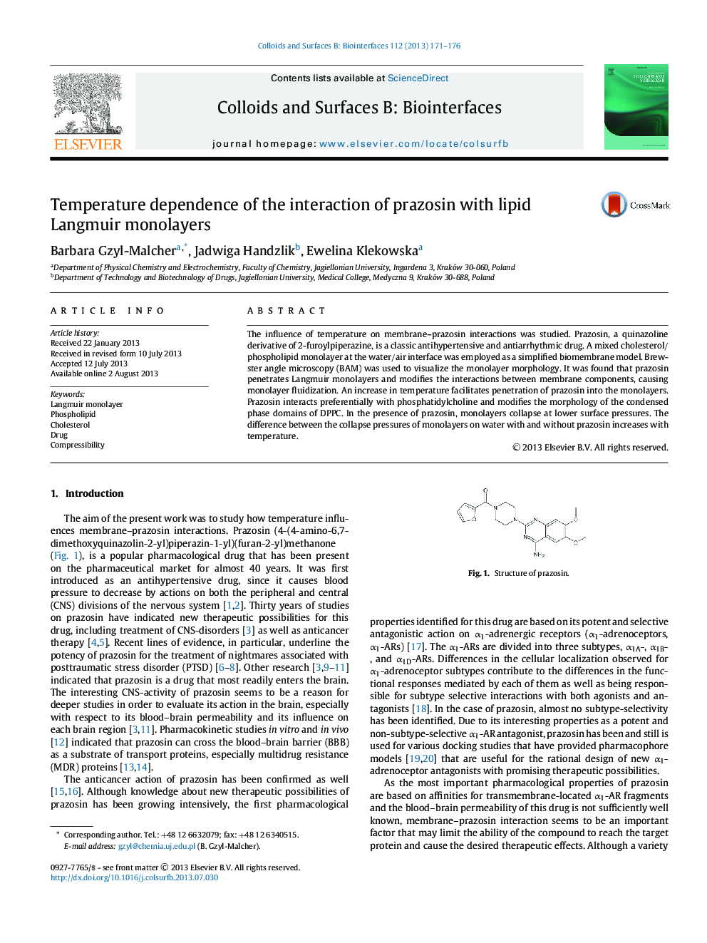 Temperature dependence of the interaction of prazosin with lipid Langmuir monolayers