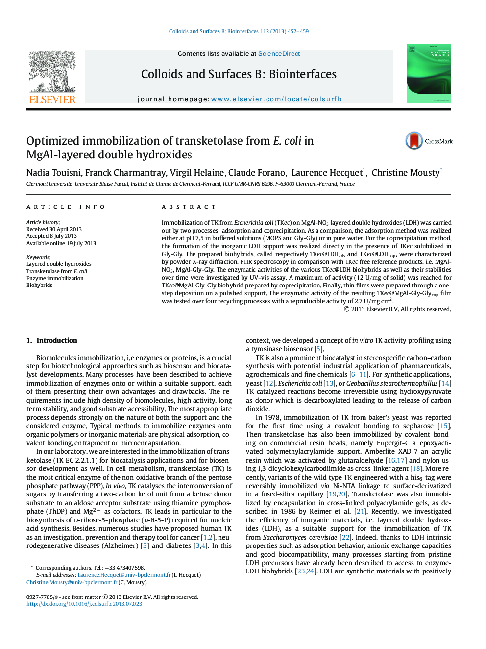 Optimized immobilization of transketolase from E. coli in MgAl-layered double hydroxides