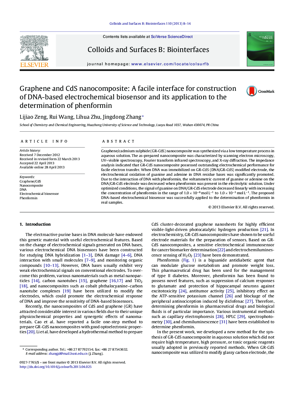 Graphene and CdS nanocomposite: A facile interface for construction of DNA-based electrochemical biosensor and its application to the determination of phenformin