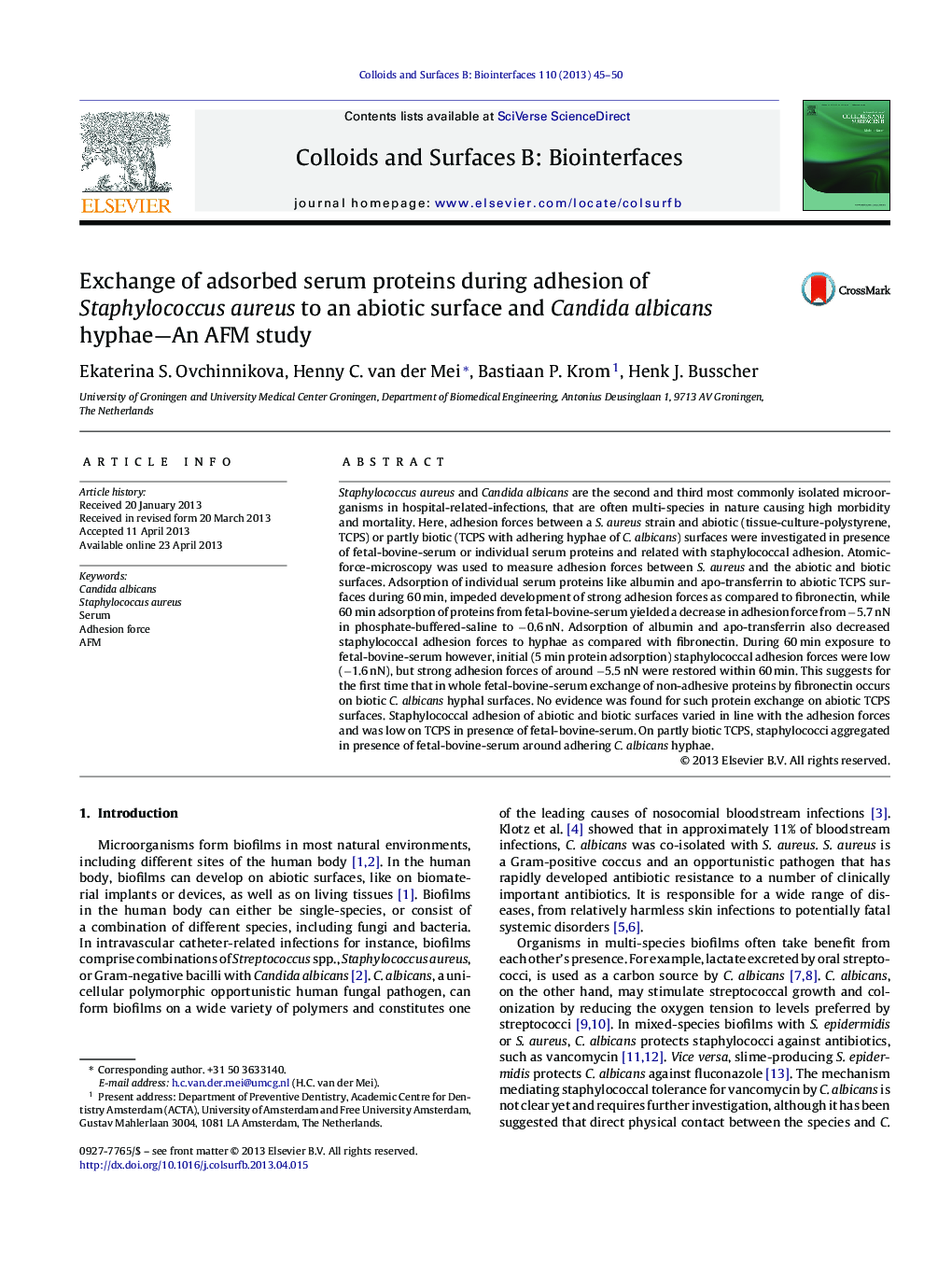 Exchange of adsorbed serum proteins during adhesion of Staphylococcus aureus to an abiotic surface and Candida albicans hyphae-An AFM study